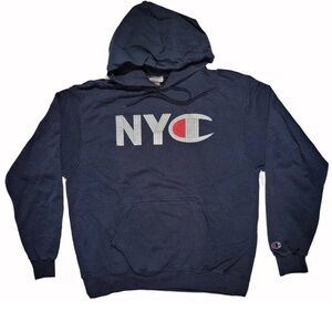 Champion Mens Hoodie Large Navy Blue New York City NYC Logo Pouch Pocket- offer!
